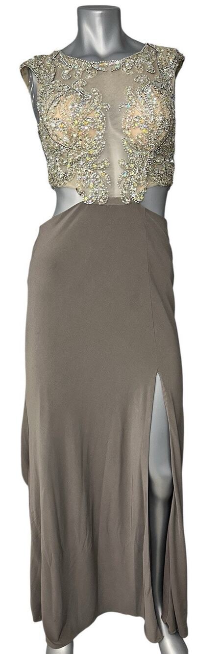 Jasz Couture Dress Taupe Size 4 Prom Dress Cut Out Sequins Sheer Gown Formal
